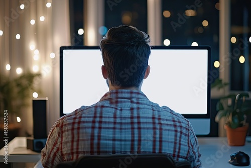 High Resolution Image of Young Man Looking at Empty Computer Screen