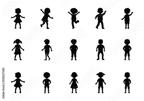 Happy children vector silhouette,Children kids silhouette set, vector silhouette of children,vector silhouette of played children.	
