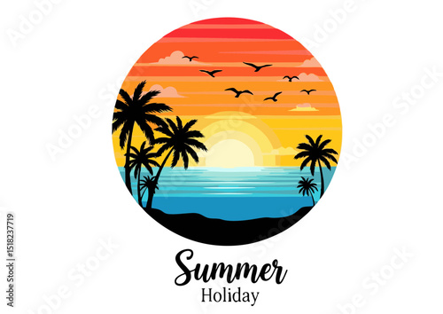 Vibrant Summer Holiday Sunset Tropical Beach Scene Illustration - Perfect for Travel, Vacation, and Summer Designs