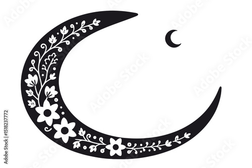 Floral Crescent Moon Vector Illustration- Black and White Moon Design with Flowers and Vines- Celestial Art Print for Ramadan and Eid Decor