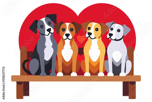 Four Cute Dogs Sitting on Bench with Red Heart Background - Adorable Cartoon Puppies in Love - Valentine's Day Dog Illustration - Pet Adoption Concept