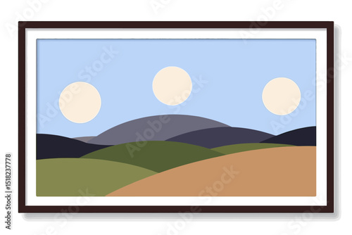 Framed Landscape Art Print with Three Moons - Minimalist Hill Scene in Blue, Green, and Brown Tones - Modern Wall Decor and Home Interior Design Inspiration