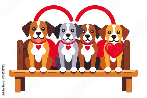 Four Cute Dogs Sitting on a Bench with Hearts - Adorable Puppy Love Illustration - Vector Image for Valentine's Day and Dog Lovers