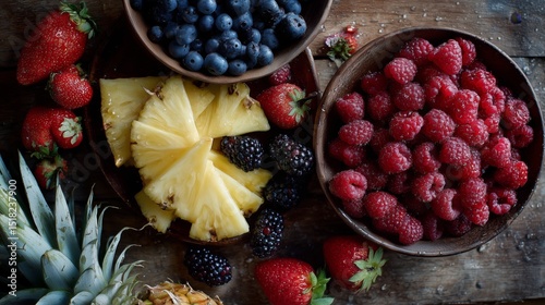 Assorted Fresh Berries and Pineapple Slices on a Wooden Board
