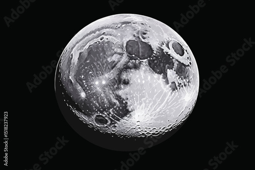 Full Moon Close-Up Image in Black and White- Detailed Lunar Surface View- Moon Craters and Shadows Captured in High Resolution- Astronomy Photo