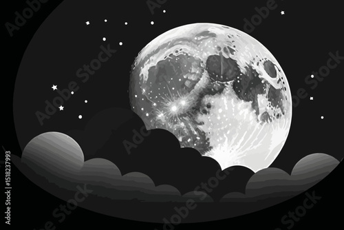 Full Moon Night Scene with Clouds and Stars Illustration- Detailed Lunar Surface- Black and White Celestial Art- Nighttime Landscape Wallpaper