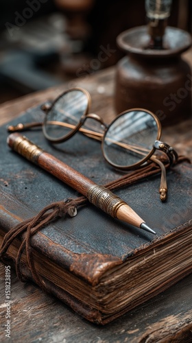 Vintage Glasses and Pencil on an Aged Leather-Bound Book