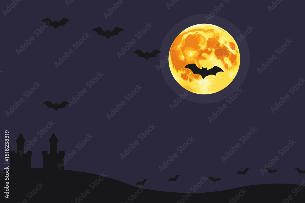 Fototapeta premium Halloween Night with Full Moon and Bats-Spooky Castle Silhouette-Dark Sky and Eerie Atmosphere-Perfect for Halloween Decorations