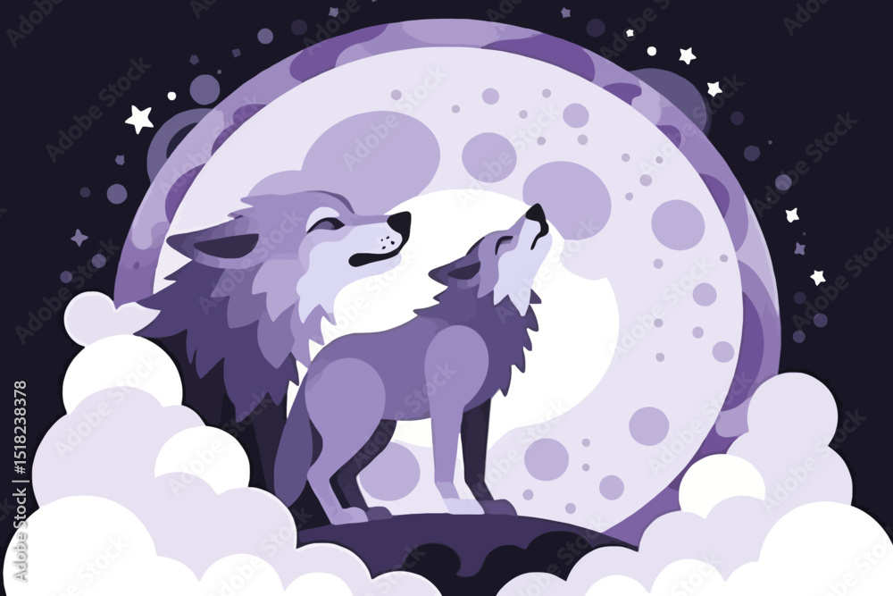 Fototapeta premium Howling Wolves Under Moonlight Vector Illustration - Wolves in Night with Full Moon and Stars - Wildlife Art and Animal Design