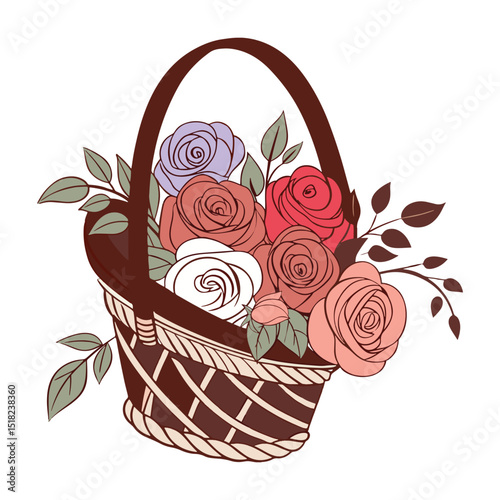 A charming basket overflowing with colorful roses and lush green leaves, a delightful floral arrangement.