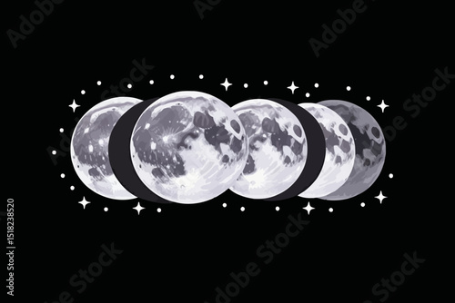 Moon Phases Illustration - Celestial Art - Lunar Cycle Graphic - Night Sky Imagery - Astronomy Concept with Stars - Full Moon Series on Black Background