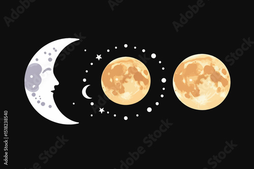 Moon Phases Illustration on Black Background - Lunar Cycle Art with Crescent Moon and Full Moon - Celestial Design for Astrology and Space Enthusiasts