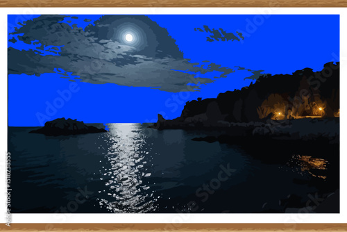 Moonlit Coastal Scene at Night - Tranquil Ocean View with Rocky Cliffs and Soft Lighting - Serene Nautical Landscape Picture