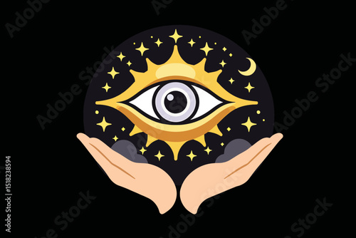 Mystic Eye Illustration with Stars and Moon on Black Background - Psychic Vision Artwork in Hands - Esoteric Spiritual Concept for Astrology and Divination