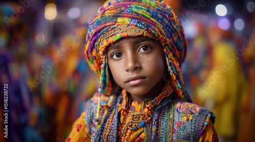 Young Child in Traditional Colorful Cultural Attire at Festival