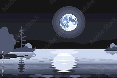 Nighttime Lake Scene with Moon Reflection Illustration- Tranquil Waters and Silhouetted Trees under Moonlight- Serene Landscape Art
