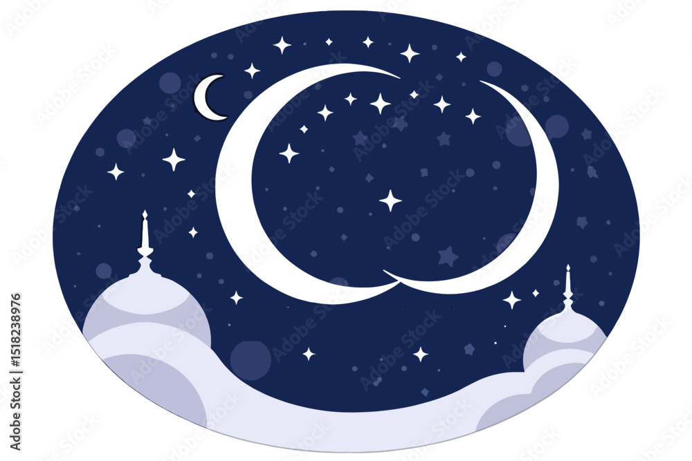 Naklejka premium Ramadan Kareem Illustration with Crescent Moon and Stars on Night Sky Background - Islamic Design with Mosque Silhouette for Muslim Holiday Greetings