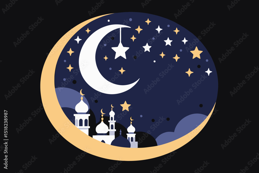 Naklejka premium Ramadan Kareem Illustration with Crescent Moon and Mosque Silhouette- Islamic Holy Month Design Featuring Stars and Celestial Elements for Festive Greetings