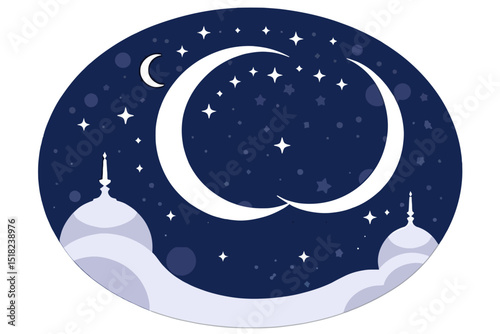 Ramadan Kareem Illustration with Crescent Moon and Stars on Night Sky Background - Islamic Design with Mosque Silhouette for Muslim Holiday Greetings