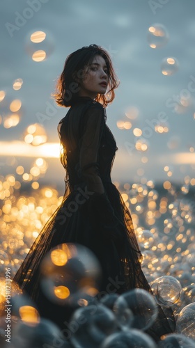 Dreamlike Woman in Black Dress Among Glowing Fantasy Flowers