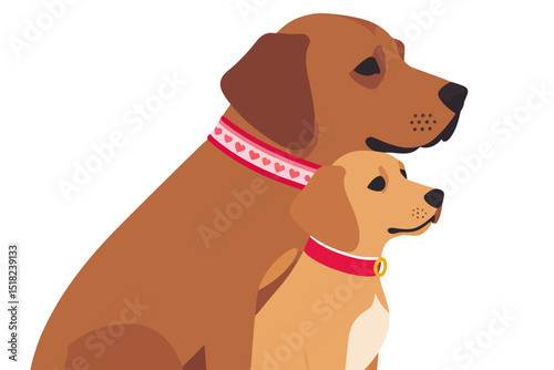 Two Cute Cartoon Dogs Wearing Collars-Big Dog with Hearts-Small Dog with Red Collar-Vector Illustration of Dog Family