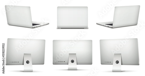 Realistic laptop with computer screen rear view mockup isolated on white background. Vector illustration