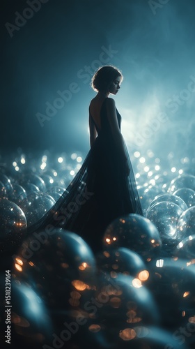 Dreamlike Woman in Black Dress Among Glowing Fantasy Flowers