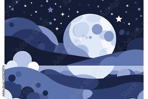 Vector Art of a Full Moon Shining Over Water with Stars and Clouds - Night Sky Illustration - Modern Lunar Landscape Vector