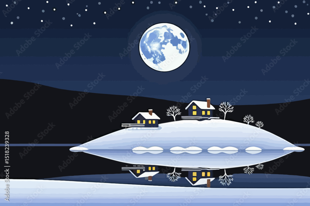 Naklejka premium Winter Night Landscape with Full Moon and Starry Sky-Snowy Houses on Island Reflected in Water-Peaceful Christmas Scene Illustration