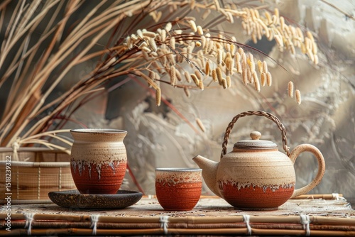 High Detail Picture of a Ceramic Cup and Teapots at Chinese Tea Ceremony