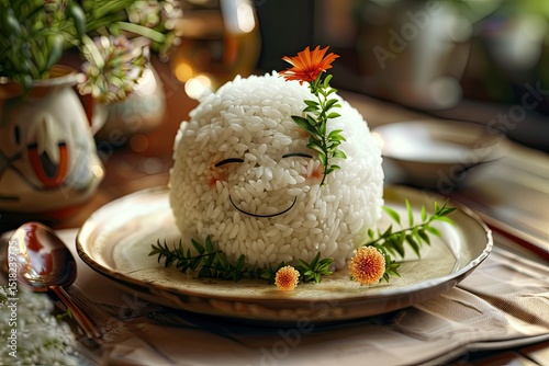 Pixel Perfect Picture of Ball of Rice with Face on a Plate