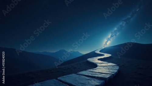 Serene Night Landscape Starry Sky Path Leading to Mountains
