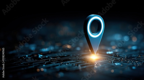 A glowing location pin on a digital circuit board symbolizes technology and GPS navigation in a futuristic setting.