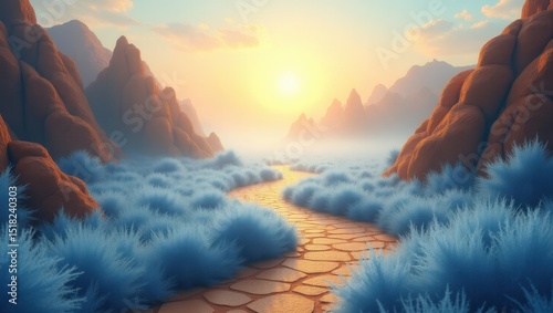 Serene Sunset Landscape Stone Path Through Blue Grassy Valley