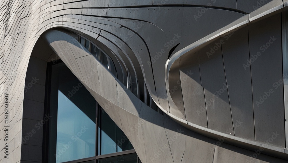 Obraz premium Abstract modern curve architecture background. Daylight building with exterior walls covered with beautiful curved gray metal lines. Contemporary office closeup fragment. Wavy exterior wall facade