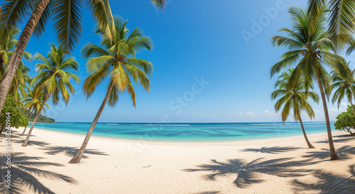 beautiful tropical beach banner. white sand and coco palms travel tourism wide panorama background concept.