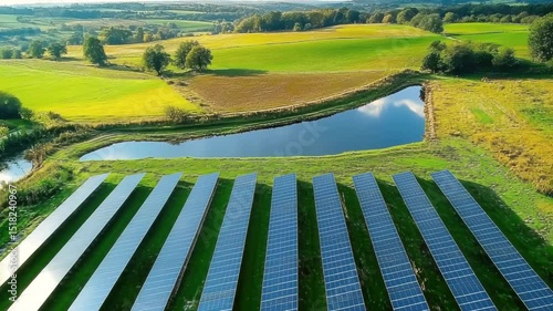 Aerial View of Solar Panels on a Green Field 