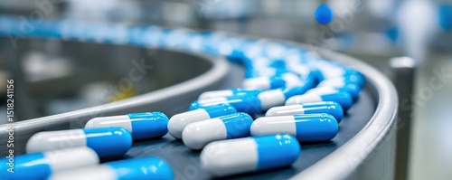 Blue and white capsules move along a conveyor belt in a pharmaceutical manufacturing facility.