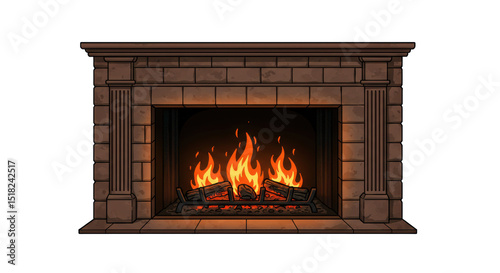 Isolated Stone Fireplace with Burning Fire