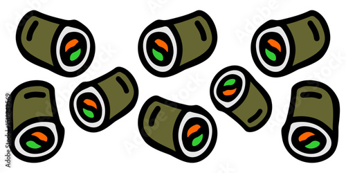 Vector color horizontal banner of ready rolls, with fish and cucumber, on a white isolated background