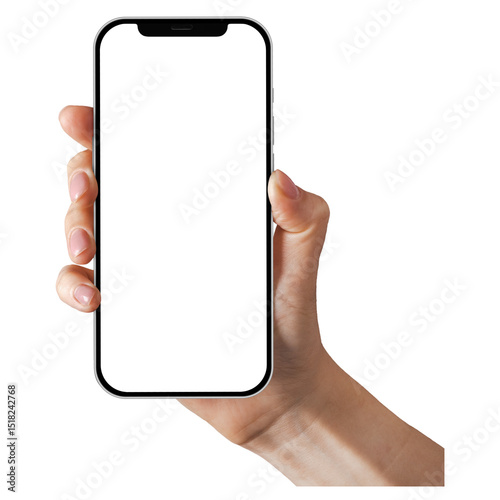 Hand holding smartphone mockup with blank screen isolated on transparent background. Ideal for app presentation, UIUX design showcase, mobile mockup templates, and product display.