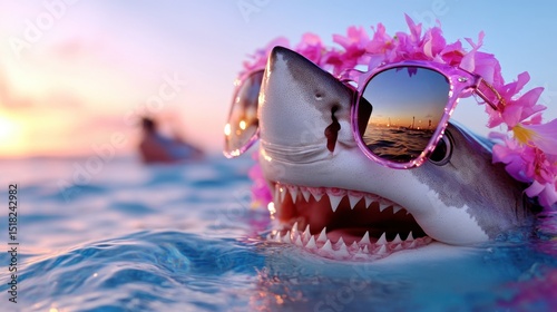 Sunset beach party vibes with a funky shark sporting garland and sunglasses in the water