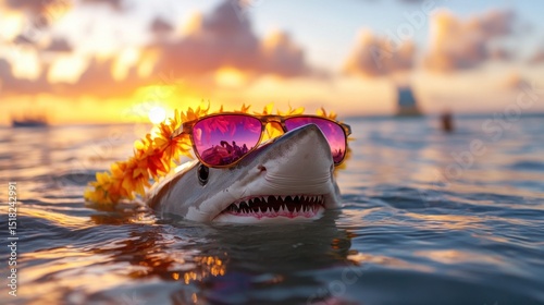 Sunset beach party vibes with a funky shark sporting garland and sunglasses in the water