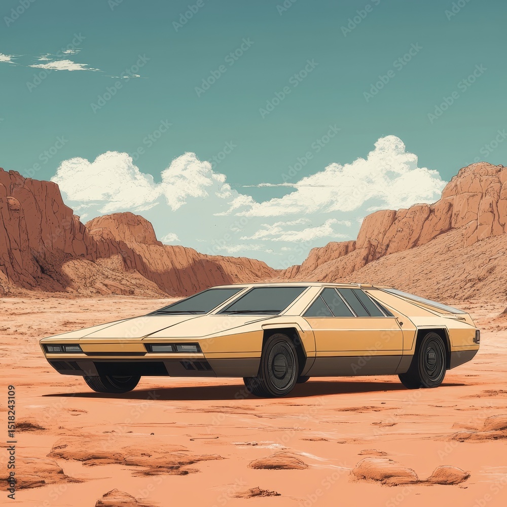 Obraz premium Futuristic Car in Desert Landscape with Mountains and Cloudy Sky