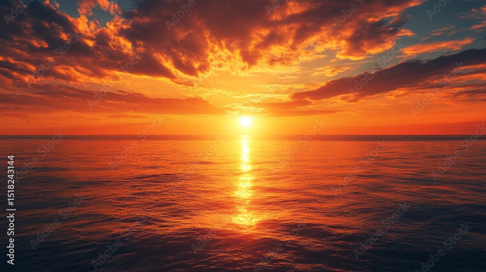 Obraz premium Vibrant colors fill the sky as the sun sets over a serene ocean, reflecting golden and orange hues on the water's surface, accompanied by fluffy clouds. The peaceful scene offers tranquility
