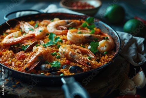 High Quality Image of Spanish Seafood Shrimp Paella Captured with Cinematic Photography