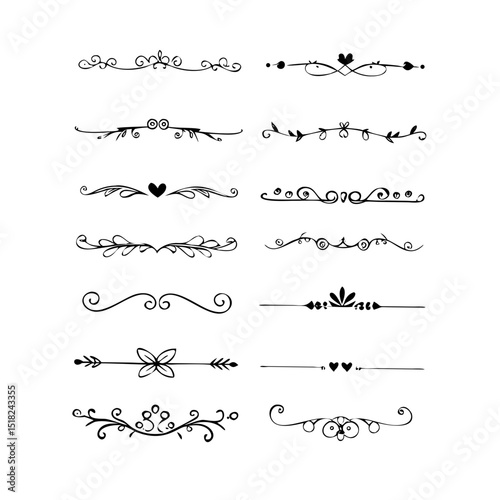 Text dividers doodle set. Wedding decorative elements. Divider ornament, borders, vintage line separators. Hand drawn vector illustration isolated on white background