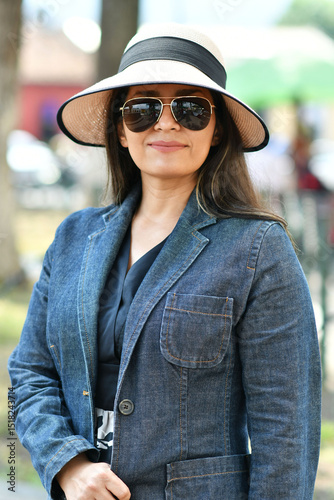 Obraz na plátně Retrato de una mujer Guatemalteca joven y bella, sonrisa hermosa usando lentes de sol