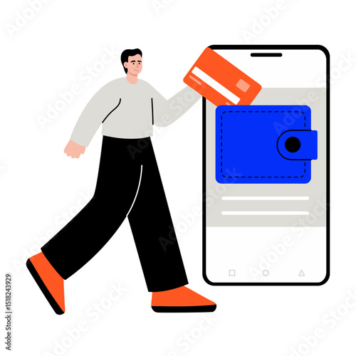 A flat style illustration showing a person using digital wallet