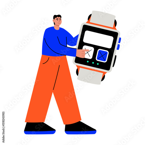 A flat style illustration showing a person using smartwatch